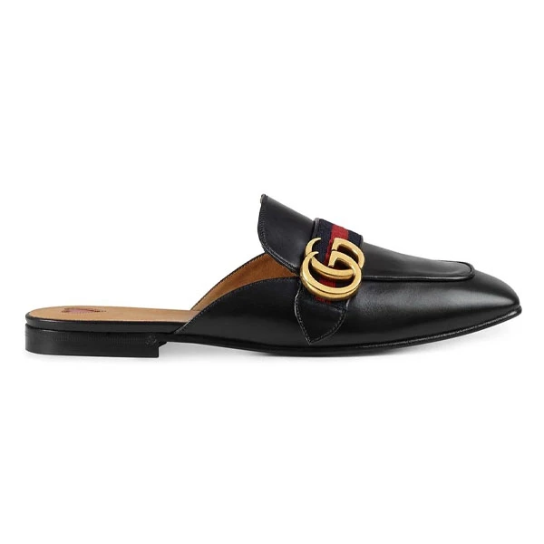 全新未使用 GUCCI/古驰  经典款条纹双G 爱心拖鞋 黑色 女款