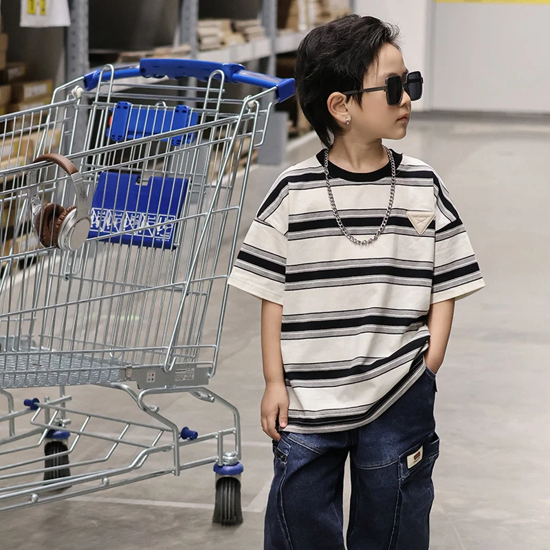 2024夏装新款男童条纹t恤韩版儿童短袖上衣中大童夏季衣服