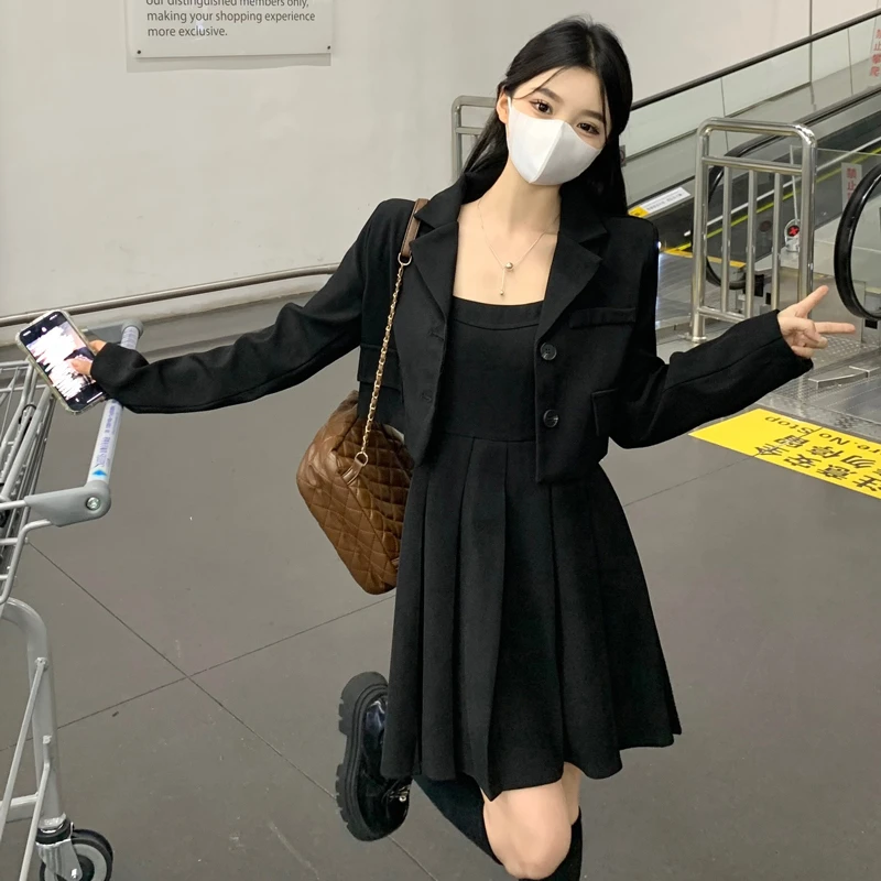 【两件套】【有里布】2025新款秋小个子学院风短款西装韩版连衣裙2233