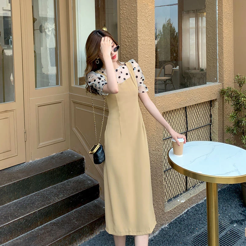 2025夏装新款女装法式复古圆领假两件风感波粒收腰连衣裙女7082