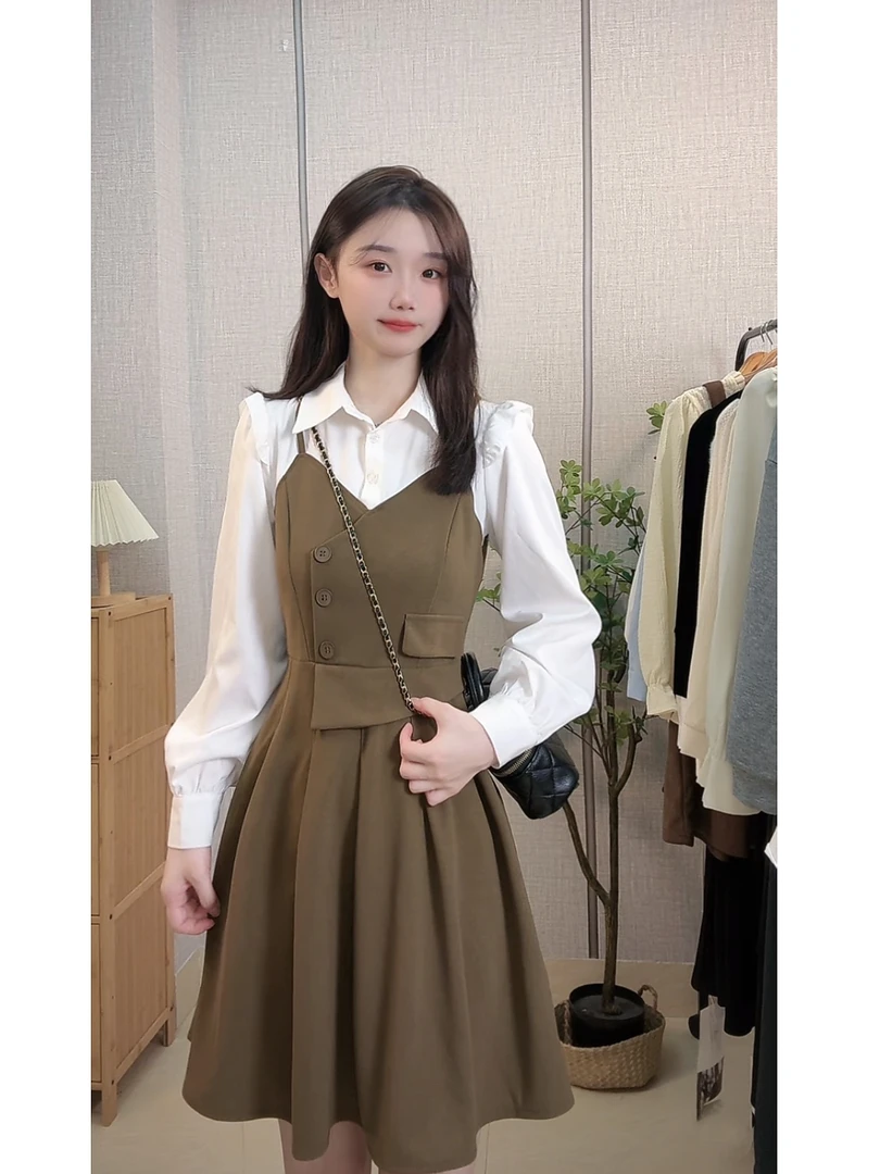 法式假两件小众长袖连衣裙年新款小个子时尚气质学院风短裙9313