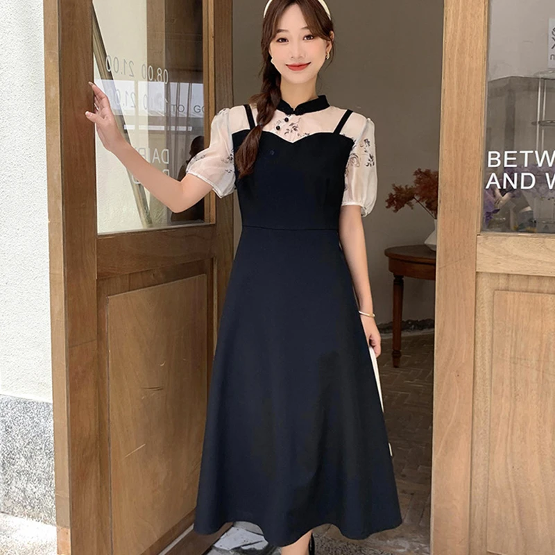 夏季新中式连衣裙女2025新款小个子高级感收腰显瘦假两件裙子7249