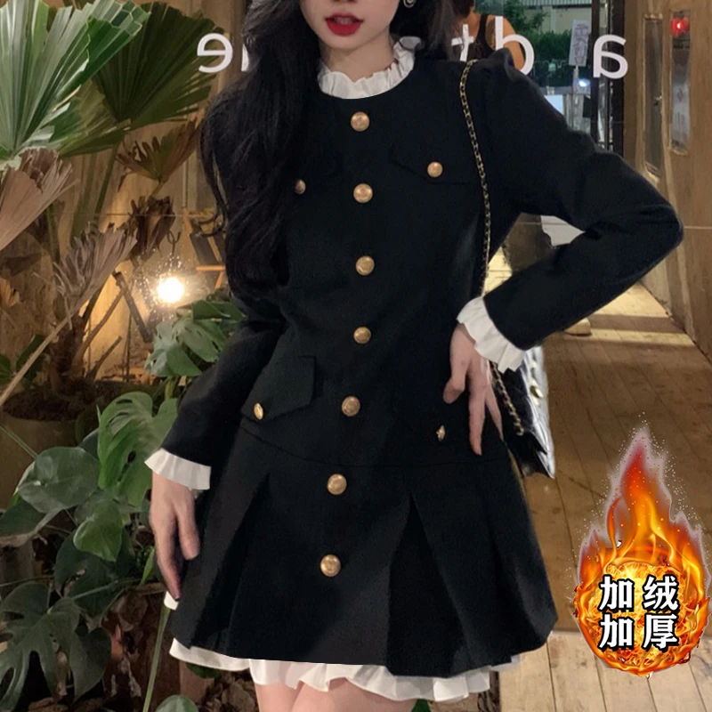 【加绒加厚】法式小香风连衣裙礼服小个子公主裙黑色赫本风短裙2467