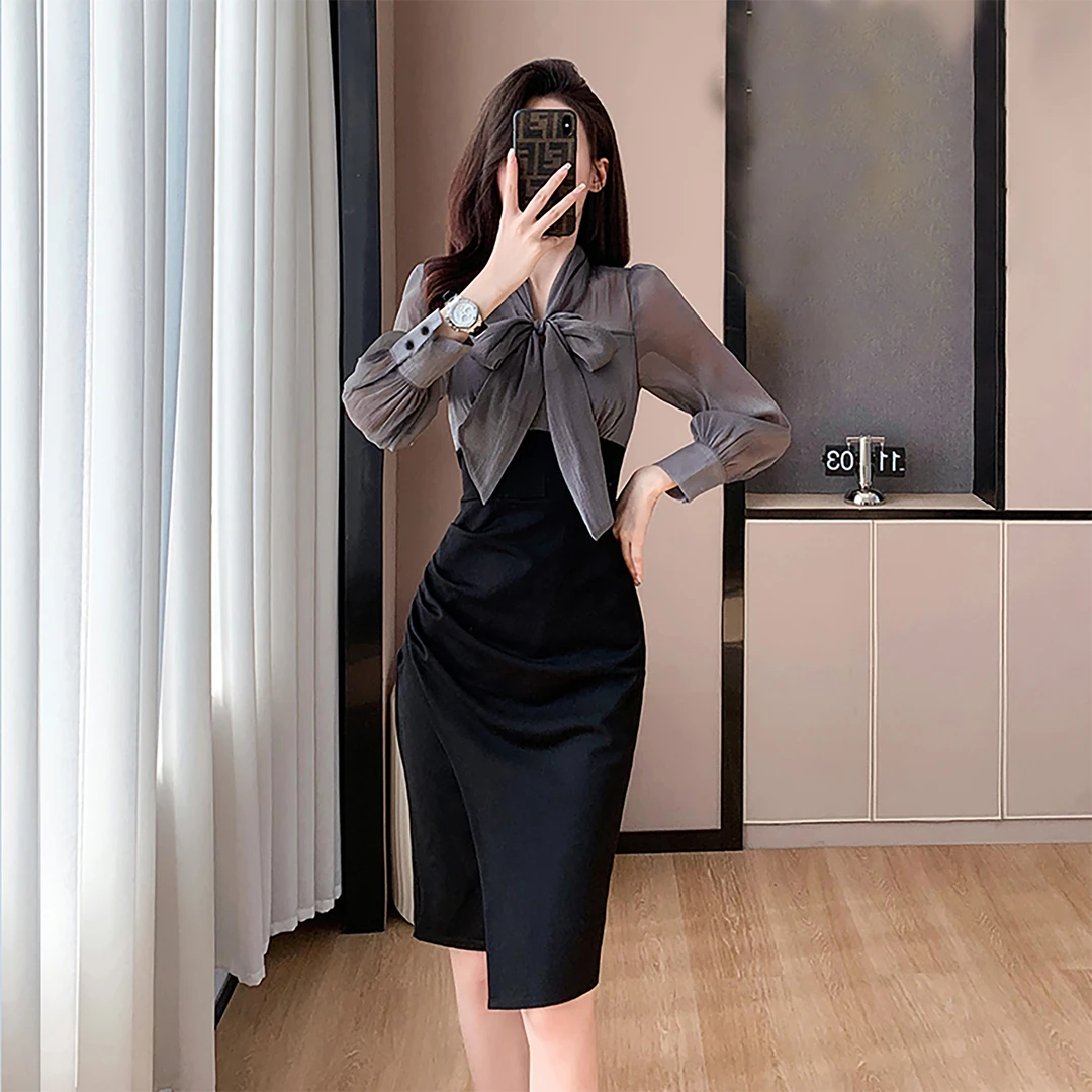 【灰色】女装连衣裙法式时尚气质褶皱包臀蝴蝶结时尚中长裙子A8110