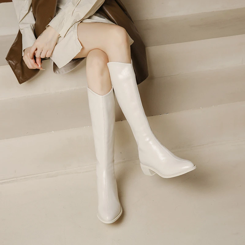 2024秋冬尖头粗跟不过膝长靴高筒骑士靴西部靴女弹力靴口长筒靴