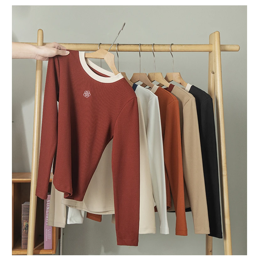 【思慧专属】撞色山茶花刺绣女款打底衫2567