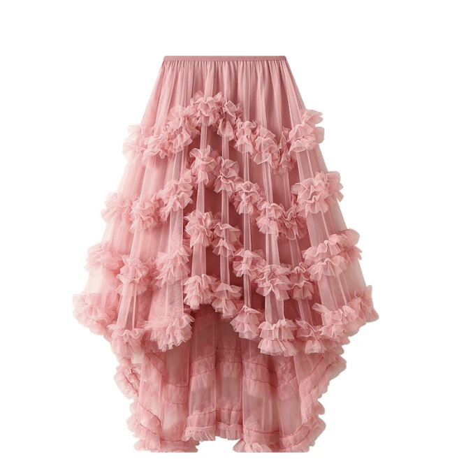纱纱裙糖果色松紧腰仙气网纱半身裙2024蓬蓬不规则荷叶边蛋糕裙子
