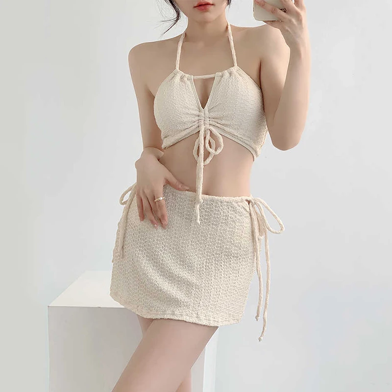 比基尼遮副乳吊带泳衣女分体三件套纯色性感纯欲温泉网红泳衣度假
