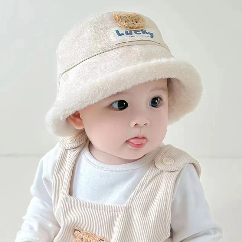 婴儿帽子冬季洋气宝宝渔夫帽加绒保暖防风盆帽外出时尚儿童毛绒帽