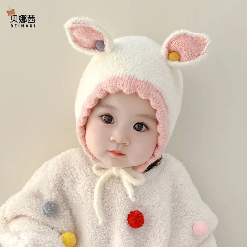 宝宝帽子秋冬款女婴儿帽子婴幼儿可爱护耳加厚兔子针织毛线帽个性