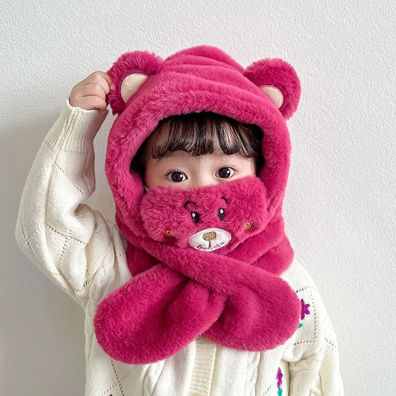 宝宝帽子冬季可爱超萌草莓熊帽围一体婴幼儿男女童毛绒帽加厚保暖