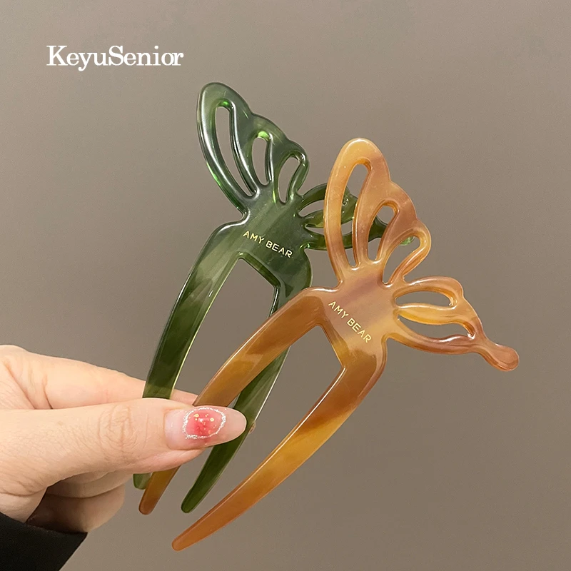 u型蝴蝶发簪子女发钗古风盘发神器醋酸塑料新中式高级感玉簪插梳