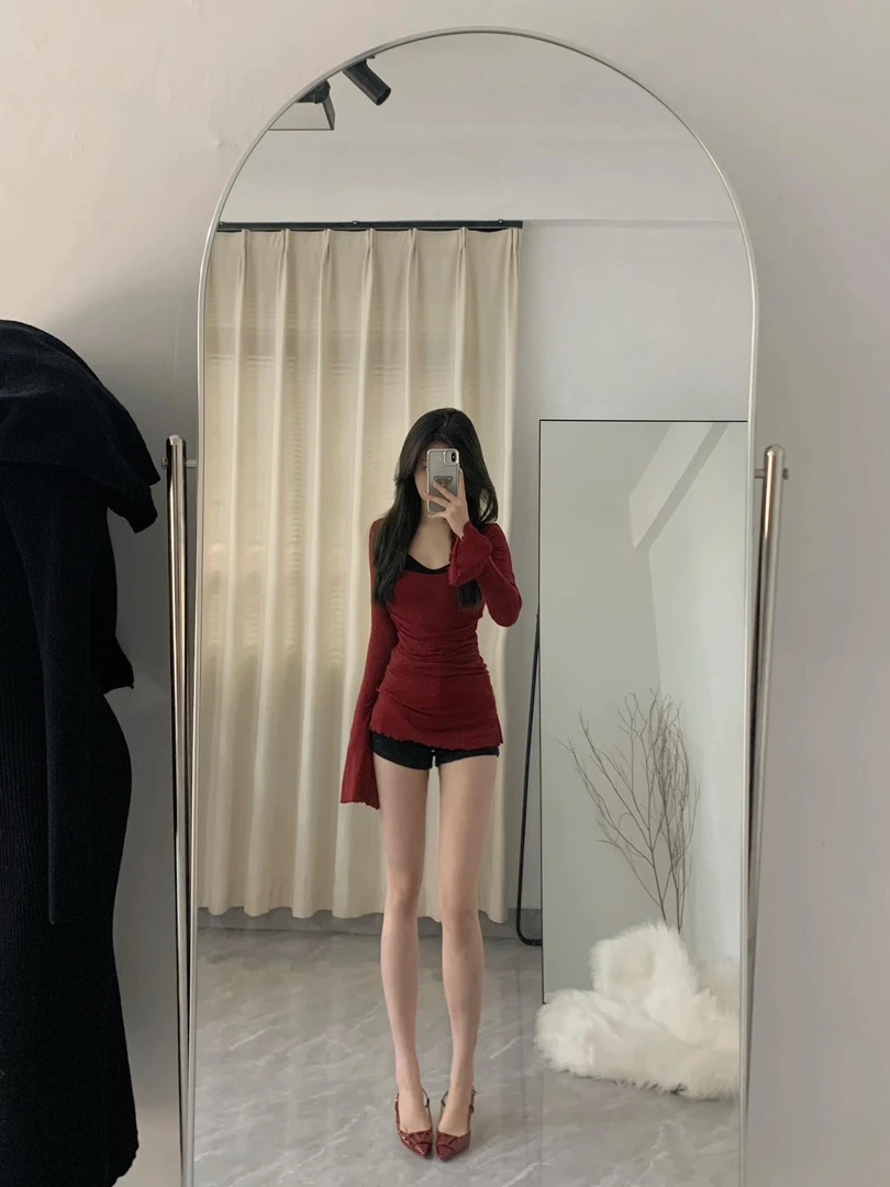 纯欲风修身显身材长袖性感U领褶皱上衣
