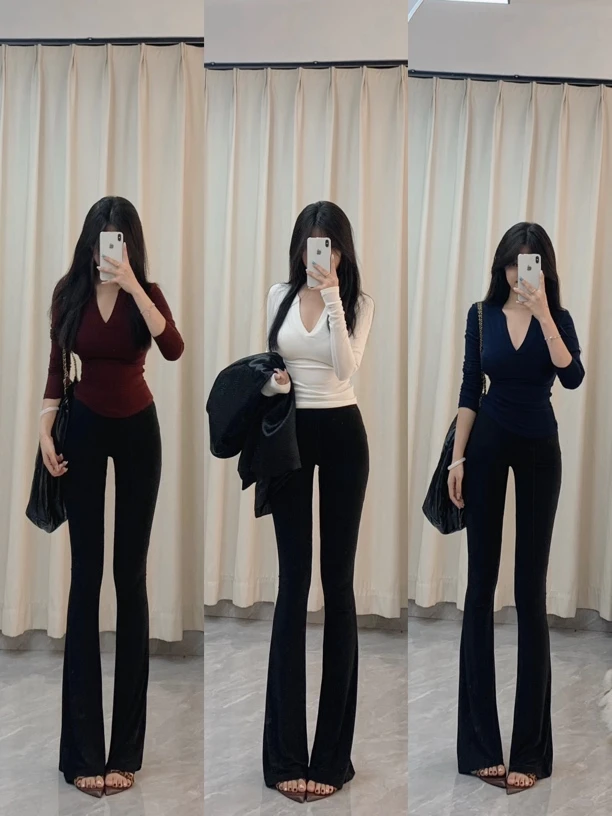 秋冬的心机内搭正肩收腰V领夏季显瘦黑色打底衫百搭长袖T恤上衣