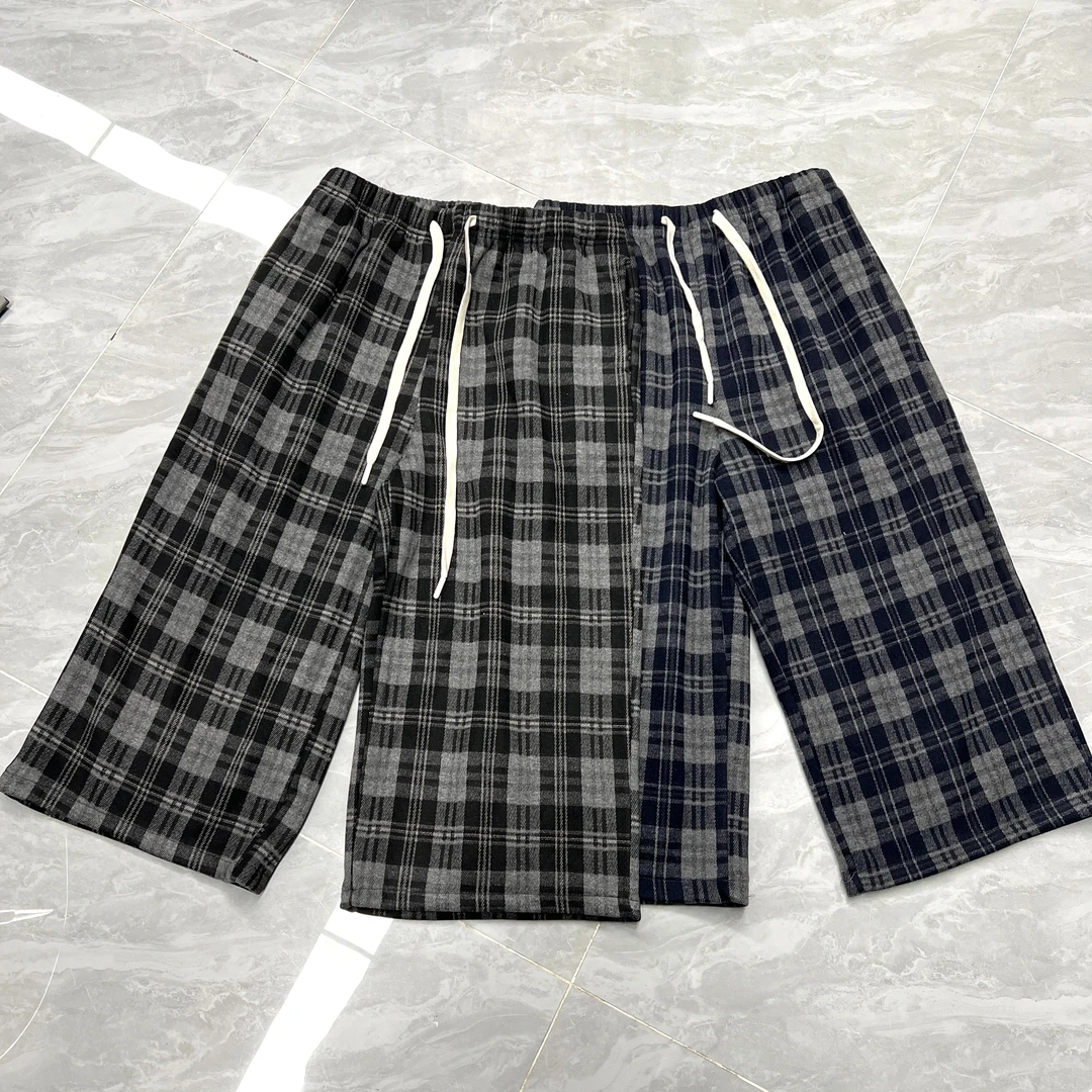 2025-宽松松紧腰百搭时尚加绒八分格子裤-339