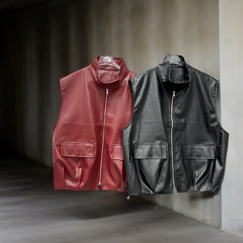 2024年秋冬新款原创设计师百搭时尚欧货立领皮马甲449-4569