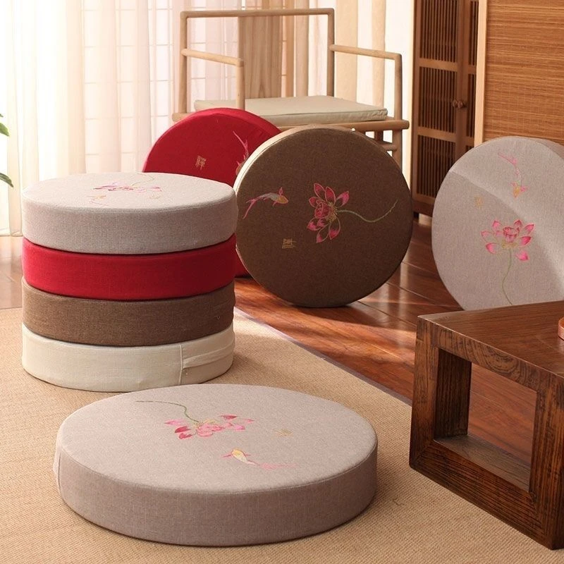 中式刺绣鱼亚麻蒲团拜佛跪垫莲花圆形蒲团坐垫客厅坐垫打坐禅修垫