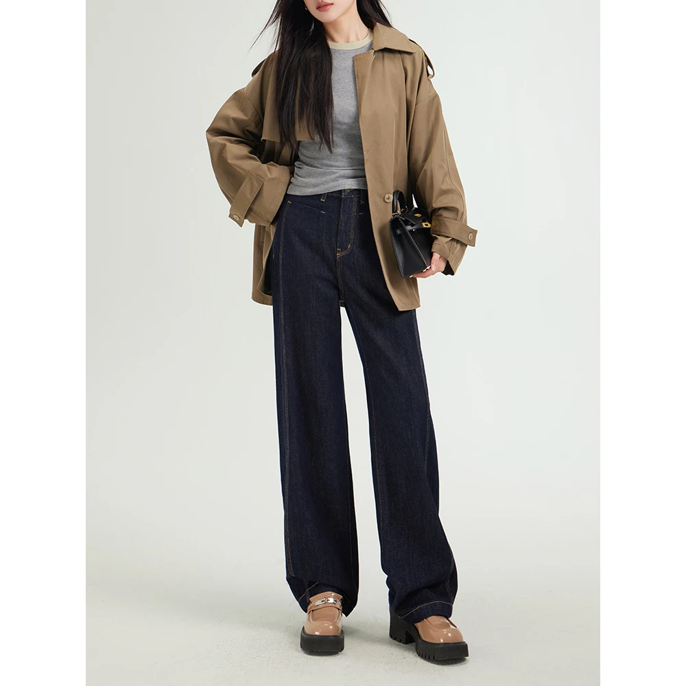 missrococo/洛可可小姐春秋新款阔腿长裤女原生色复古水洗牛仔裤