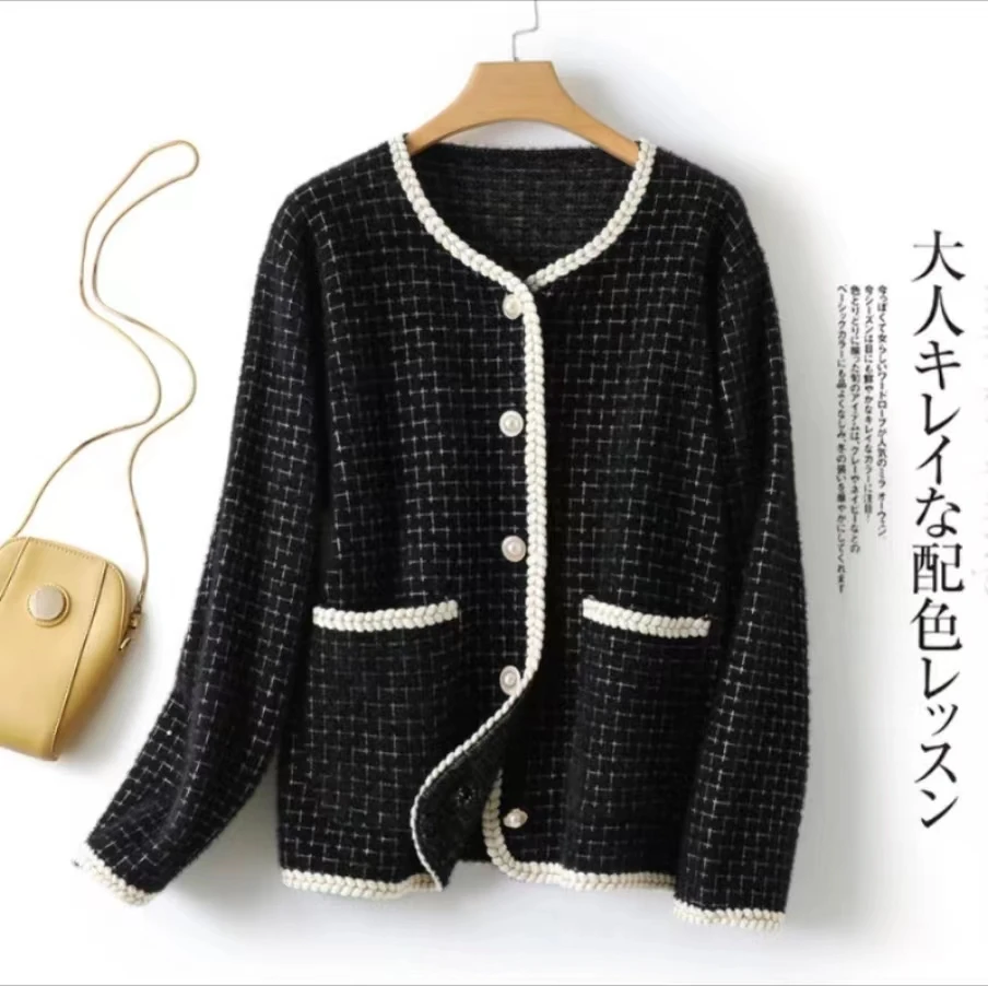 2184-百搭小香风仿水貂外套时尚宽松开衫气质圆领麻绳小格子DYX