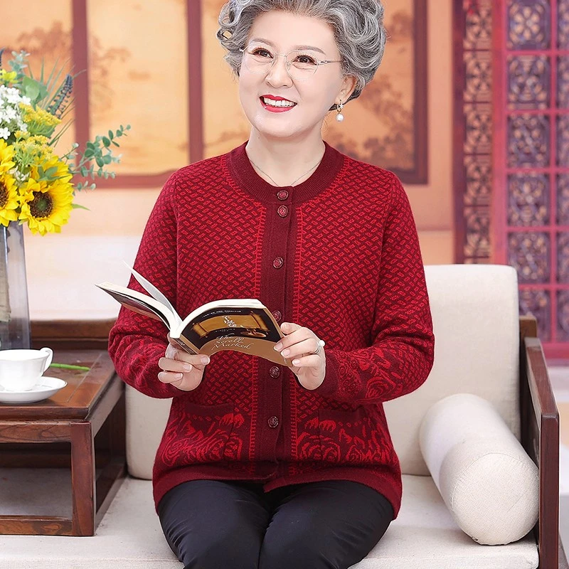 新年红色宽松羊绒衫女开衫加厚中老年妈妈纯山羊绒外套毛衣加大码