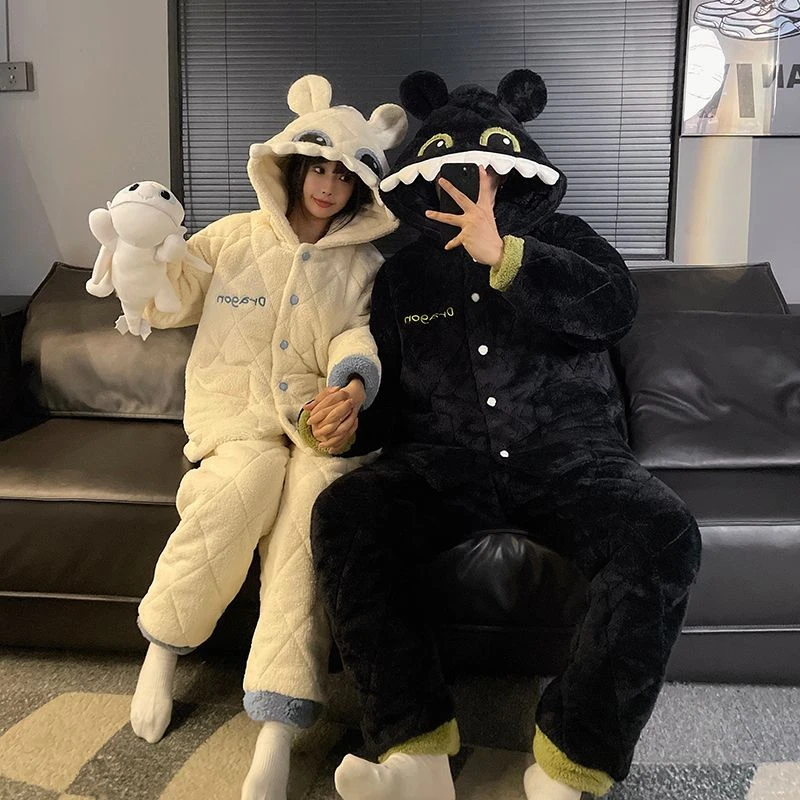 无牙仔三层夹棉情侣睡衣女秋冬季加厚加绒法兰绒男卡通家居服套装