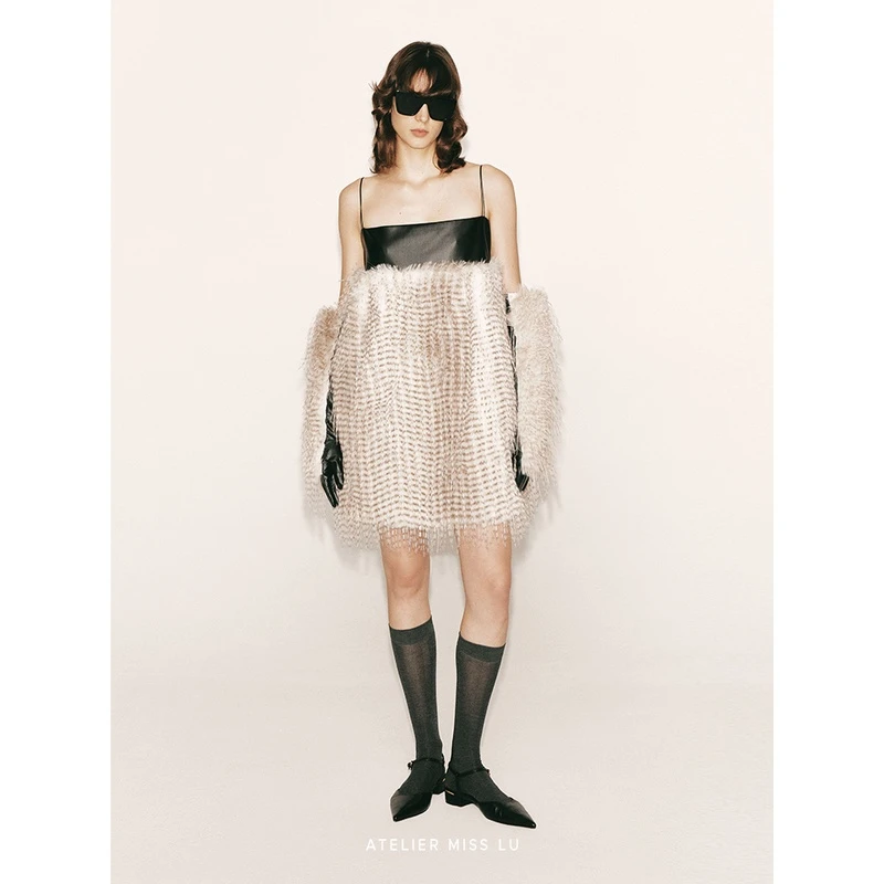 AtelierMissLu【银火之光】长毛渐变吊带连衣裙23000063B