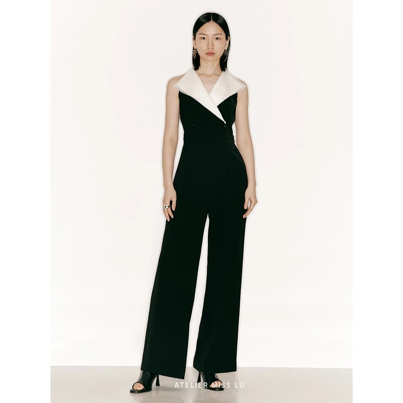 AtelierMissLu翻领拼纱削肩收腰连体裤23000003
