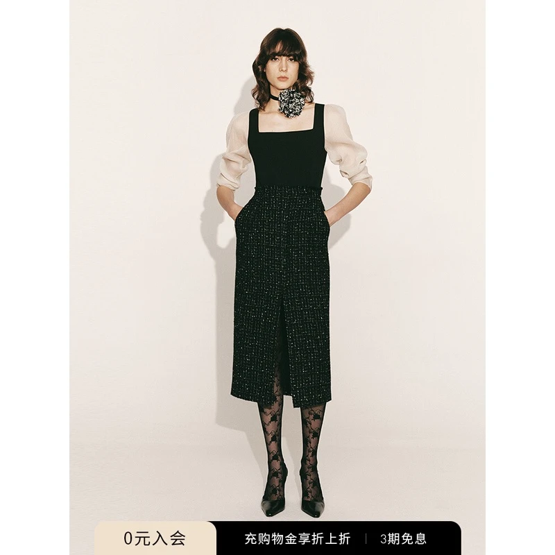 AtelierMissLu【雾色迷离】绵羊毛粗花呢拼接纱袖连衣裙23000055A