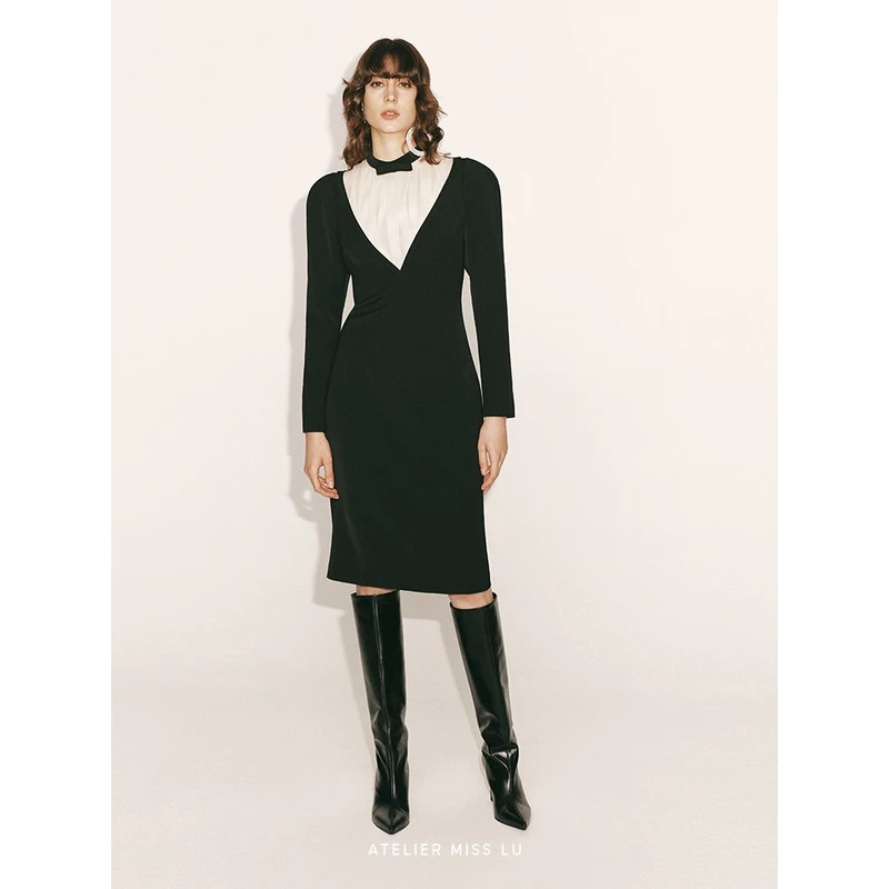 AtelierMissLu【少女祈祷】蝴蝶结领拼纱长袖修身连衣裙23000058