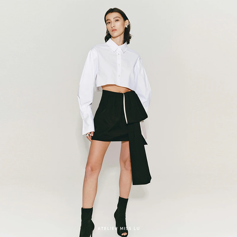 AtelierMissLu【晨雾】设计感超长袖短款白衬衫242063