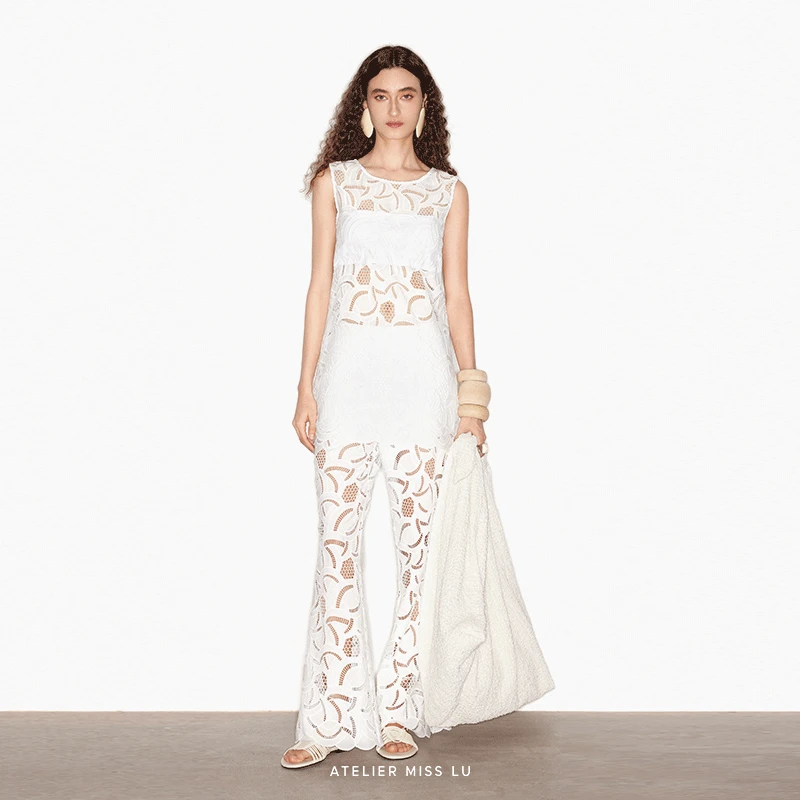 AtelierMissLu【栀花清梦】光影镂空蕾丝拼接无袖长款上衣242069