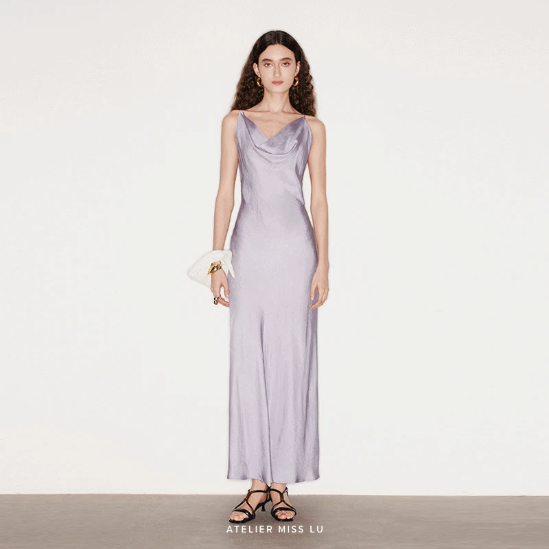 AtelierMissLu【紫风铃】高调露背设计荡领吊带连衣裙244036A