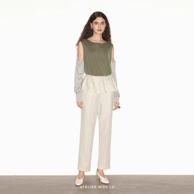 618AtelierMissLu【抹茶沙冰】撞色拼接假两件露肩针织上衣242068A