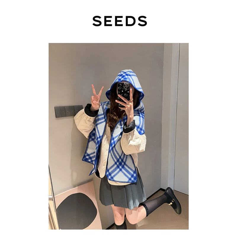 【多元造型】SEEDS STUDIO 秋冬粗纺羊毛手工毛线绣连帽围巾披肩
