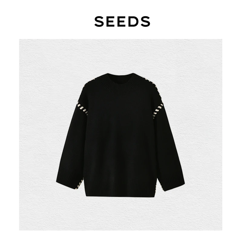 现货【慵懒惬意】SEEDS STUDIO时髦慵懒风明线撞色厚款廓形大毛衣