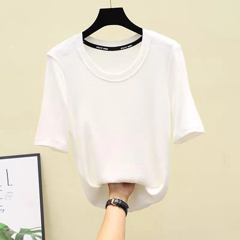 欧货T恤女半袖打底衫螺纹弹力修身显瘦高考毕业季高腰短款百搭