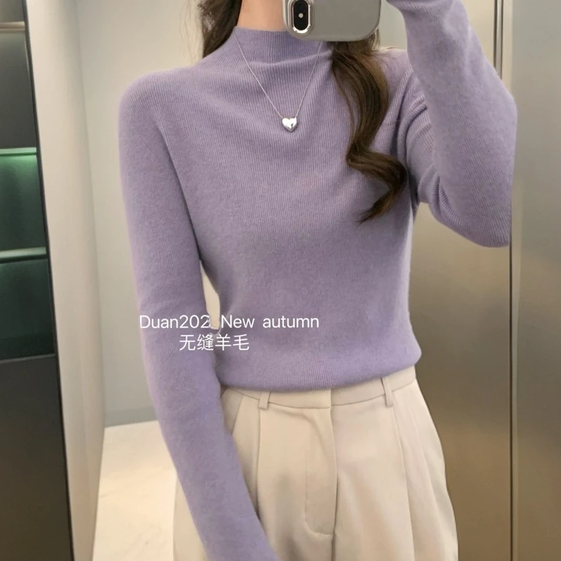 简约百搭秋冬女装半高领针织打底毛衣长袖上衣修身洋气时尚网红