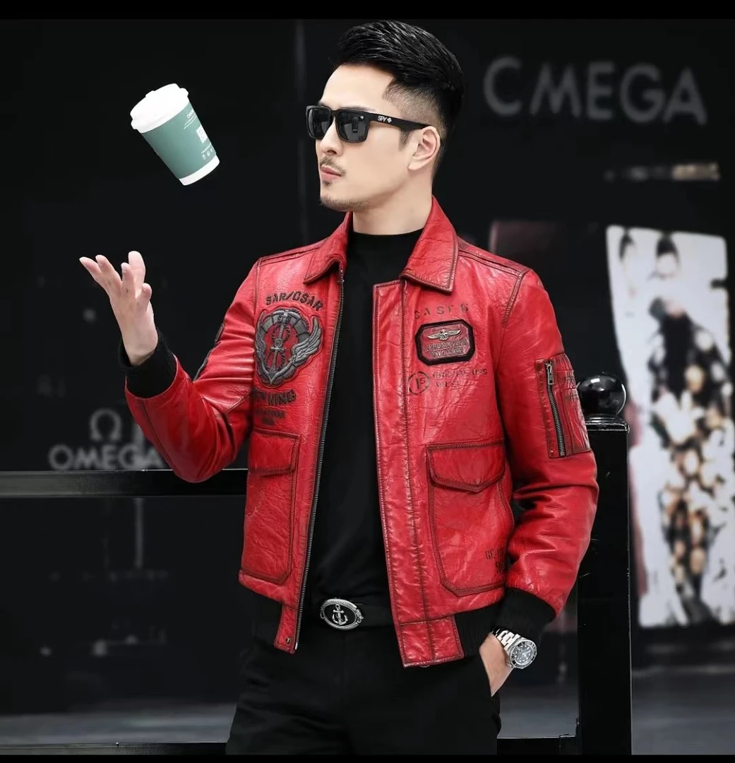 男士真皮皮衣新西兰绵羊皮潮牌飞行服刺绣时尚外套秋冬爆款22018
