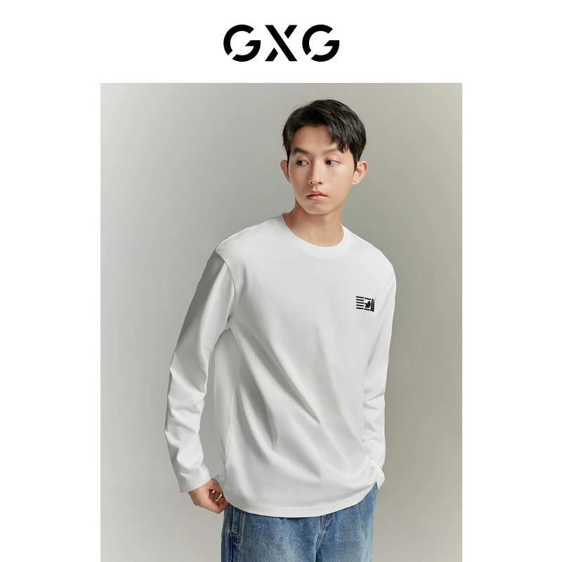 GXG男装秋冬新品潮流刺绣纯棉圆领长袖T恤男上衣休闲#GED13421243