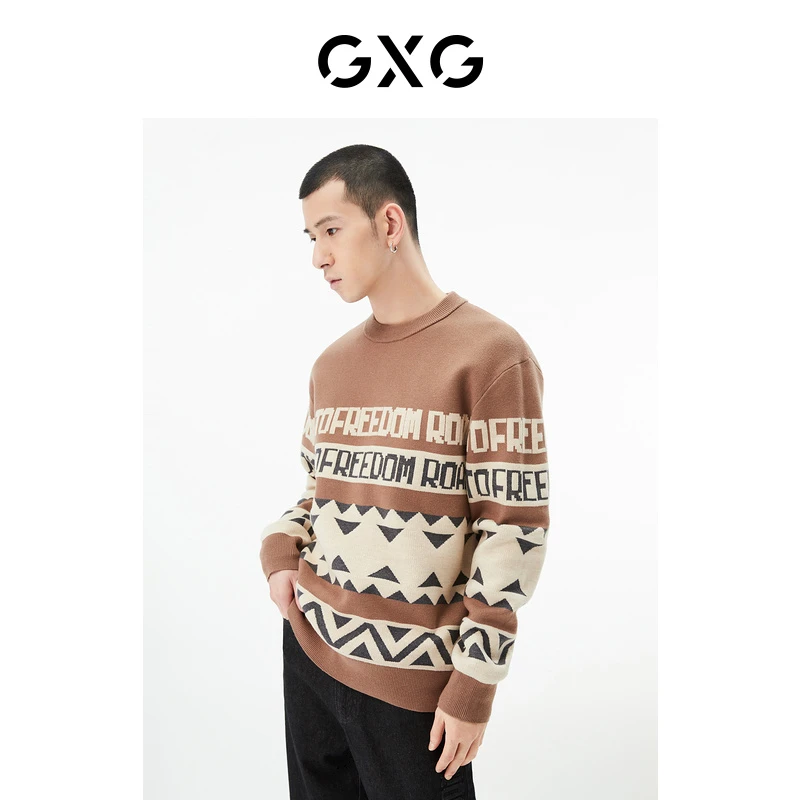 GXG男装卡其圆领毛衫男士宽松秋季印花城市户外系列#GD1200818H