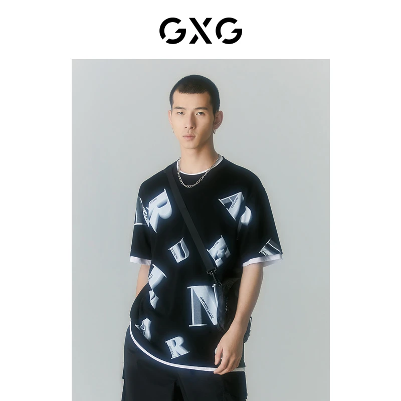 GXG男装 夏季圆领短袖T恤纯棉黑白设计师黑色印花潮流#GD1440571C