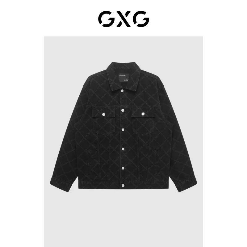 GXG男装秋季设计师牛仔夹克长袖翻领休闲印花外套#GED1E818873