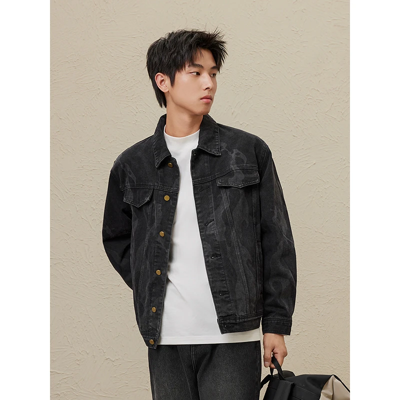 GXG男装黑色水洗休闲百搭宽松牛仔夹克翻领男士时尚#GFD1E801611