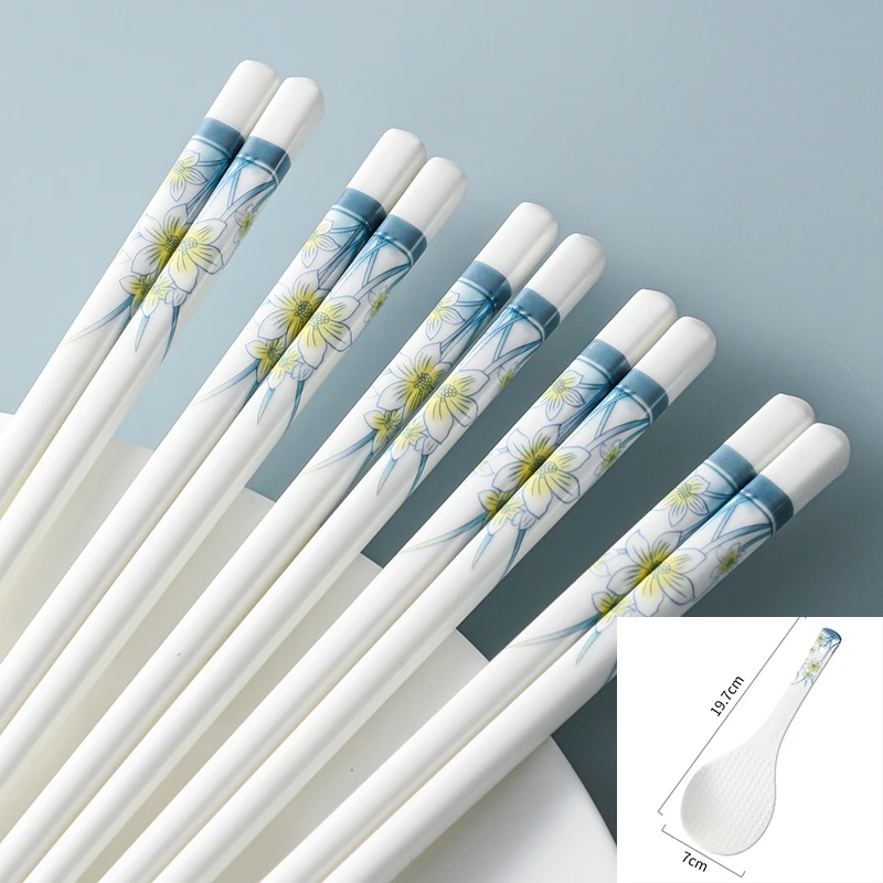 【水仙花骨瓷筷子10双+饭勺（不带礼盒）】破损补发