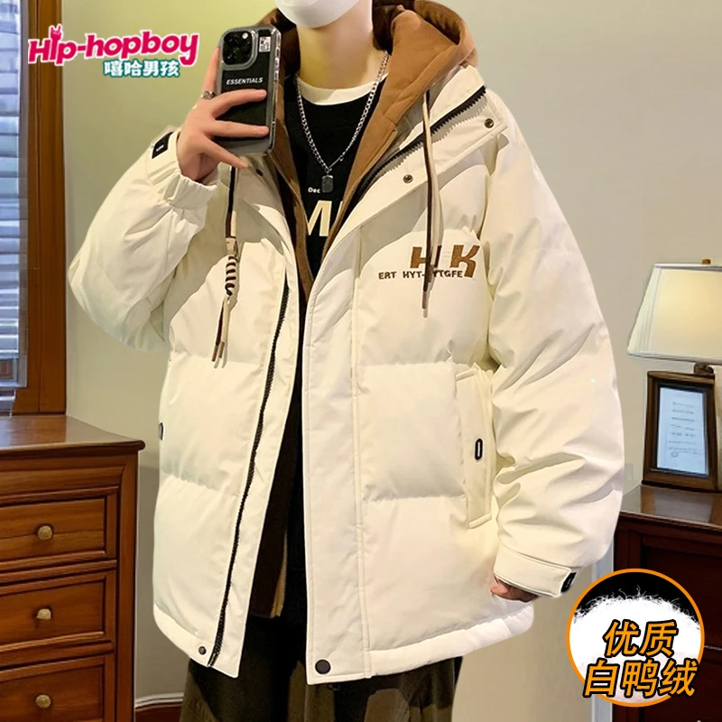 PU皮青少年学生羽绒服男2024韩版宽松加厚保暖白鸭绒男士冬装外套