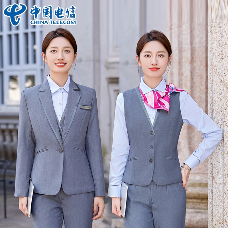 中国电信营业厅工作服套装女气质秋冬新款职业装长袖灰色西装工装