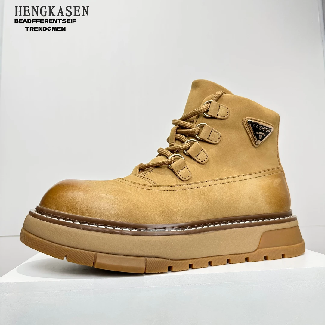 高帮雪地靴2024爆款真皮厚底增高靴潮流系带大黄靴复古百搭工装靴