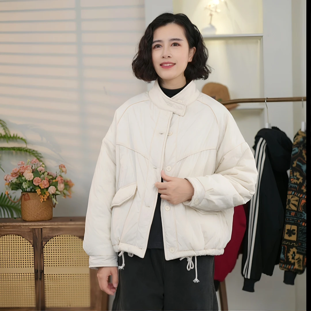 双口袋抽绳立领夹棉外套女2024冬季新款欧货宽松上衣外穿夹克棉衣