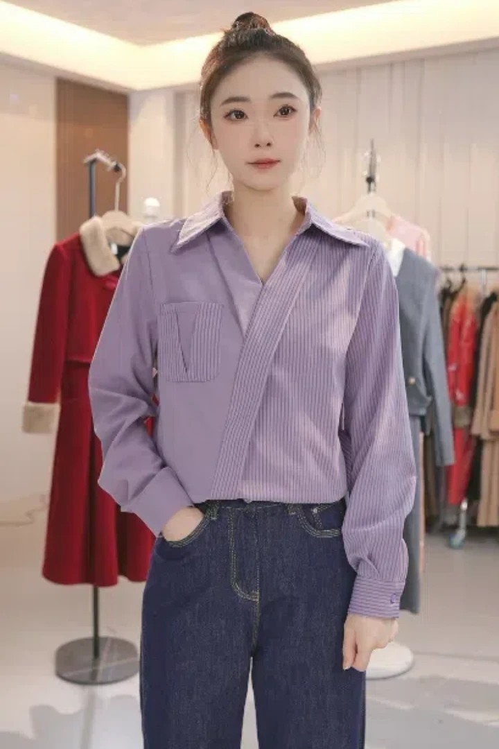 港味复古紫色条纹长袖衬衫上衣女秋季宽松显瘦设计感气质上衣