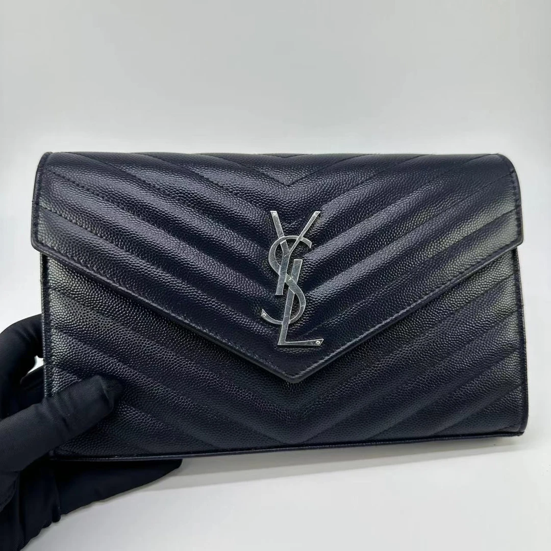 99新 YSL/圣罗兰 信封中号蓝黑色链条包